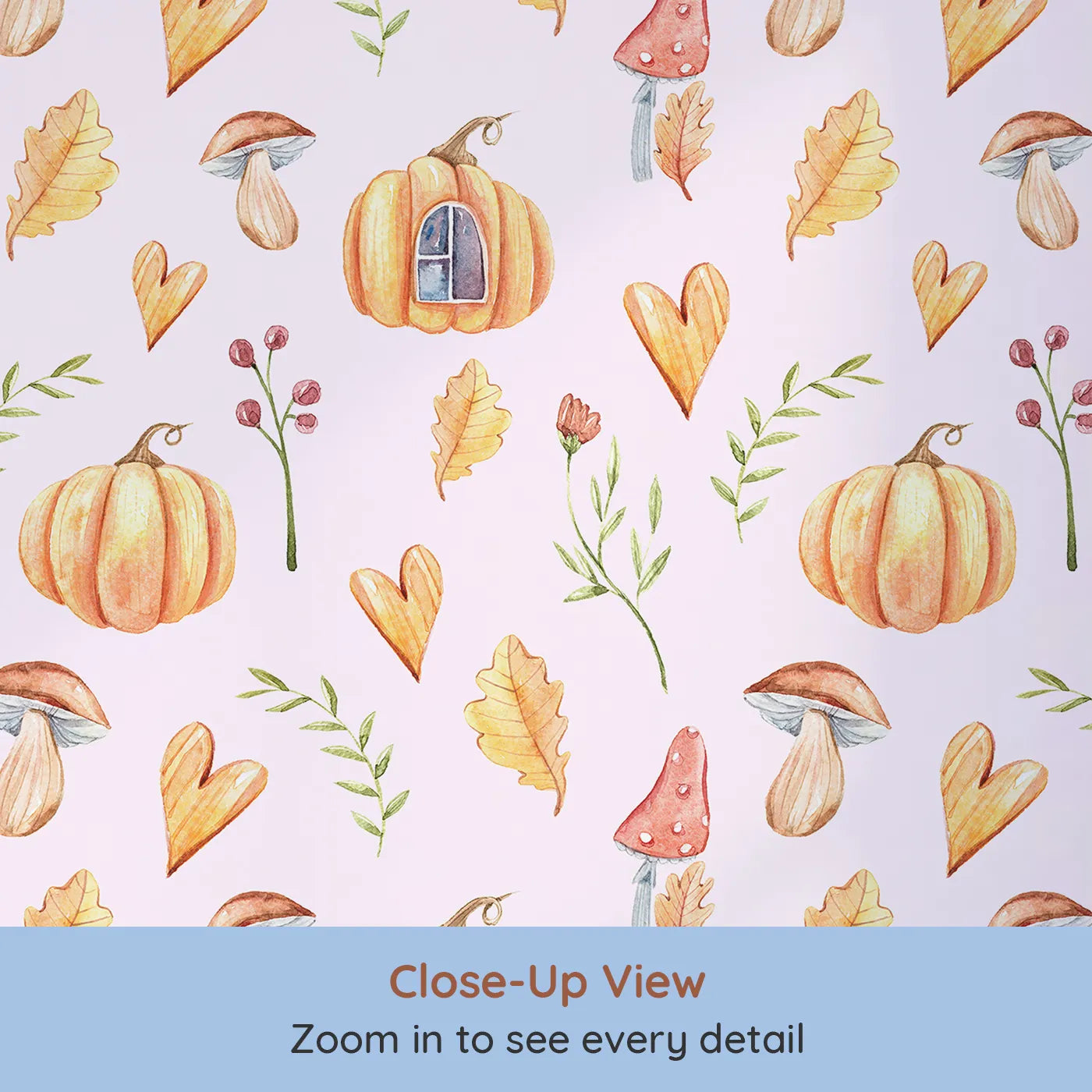 Close-up view of Whimsy Tots' Pumpkin Heart Harvest Wallpaper in Blush Pink (W3256B).Pumpkins and hearts sprinkle seasonal cheer.