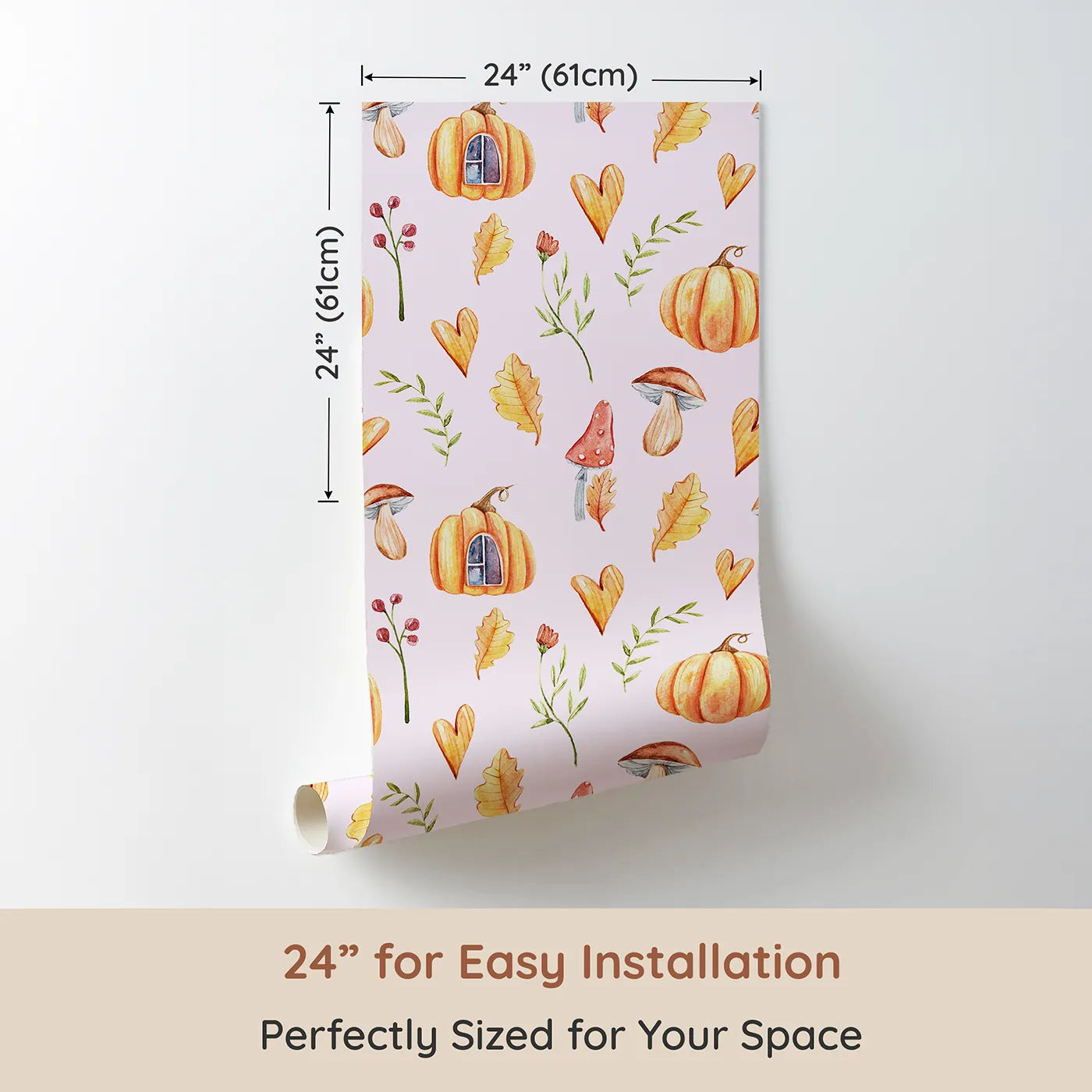 Dimension view of Whimsy Tots Pumpkin Heart Harvest Wallpaper in Blush Pink (W3256B). Printed in 24-inch-wide panel for easy installation. Pumpkins and hearts sprinkle seasonal cheer.