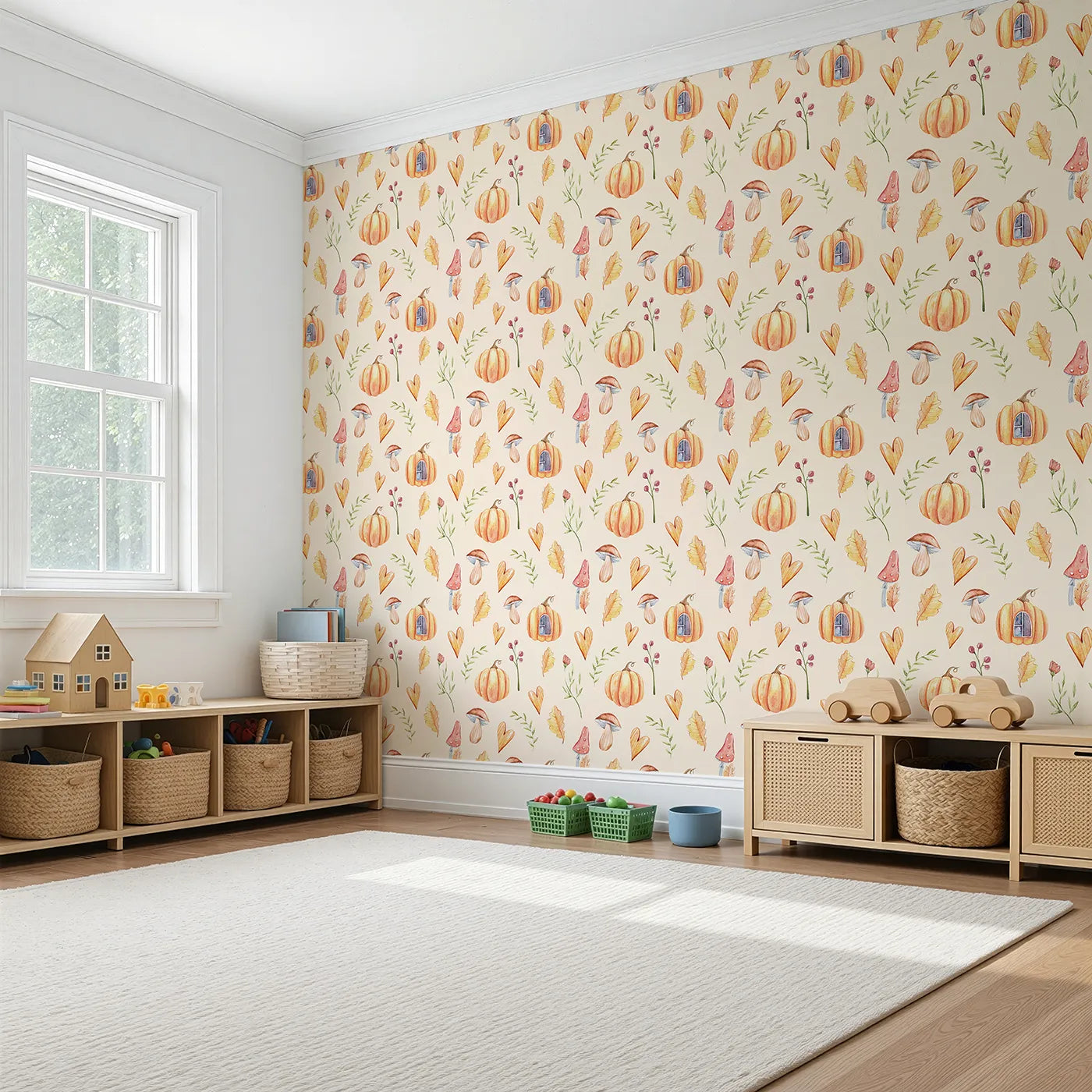 Angled view of Whimsy Tots' Pumpkin Heart Harvest Wallpaper in Cream (W3256C).Pumpkins and hearts sprinkle seasonal cheer.