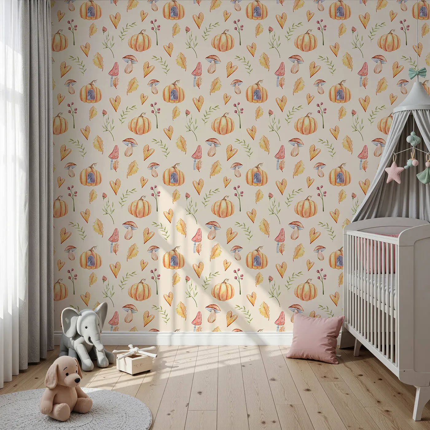 Front view of Whimsy Tots' Pumpkin Heart Harvest Wallpaper in Cream