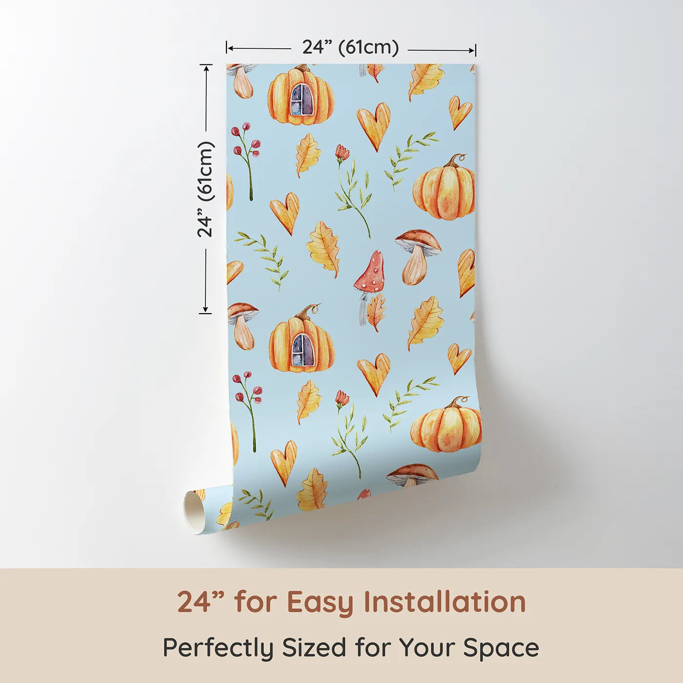 Dimension view of Whimsy Tots Pumpkin Heart Harvest Wallpaper in Sky Blue (W3256D). Printed in 24-inch-wide panel for easy installation. Pumpkins and hearts sprinkle seasonal cheer.