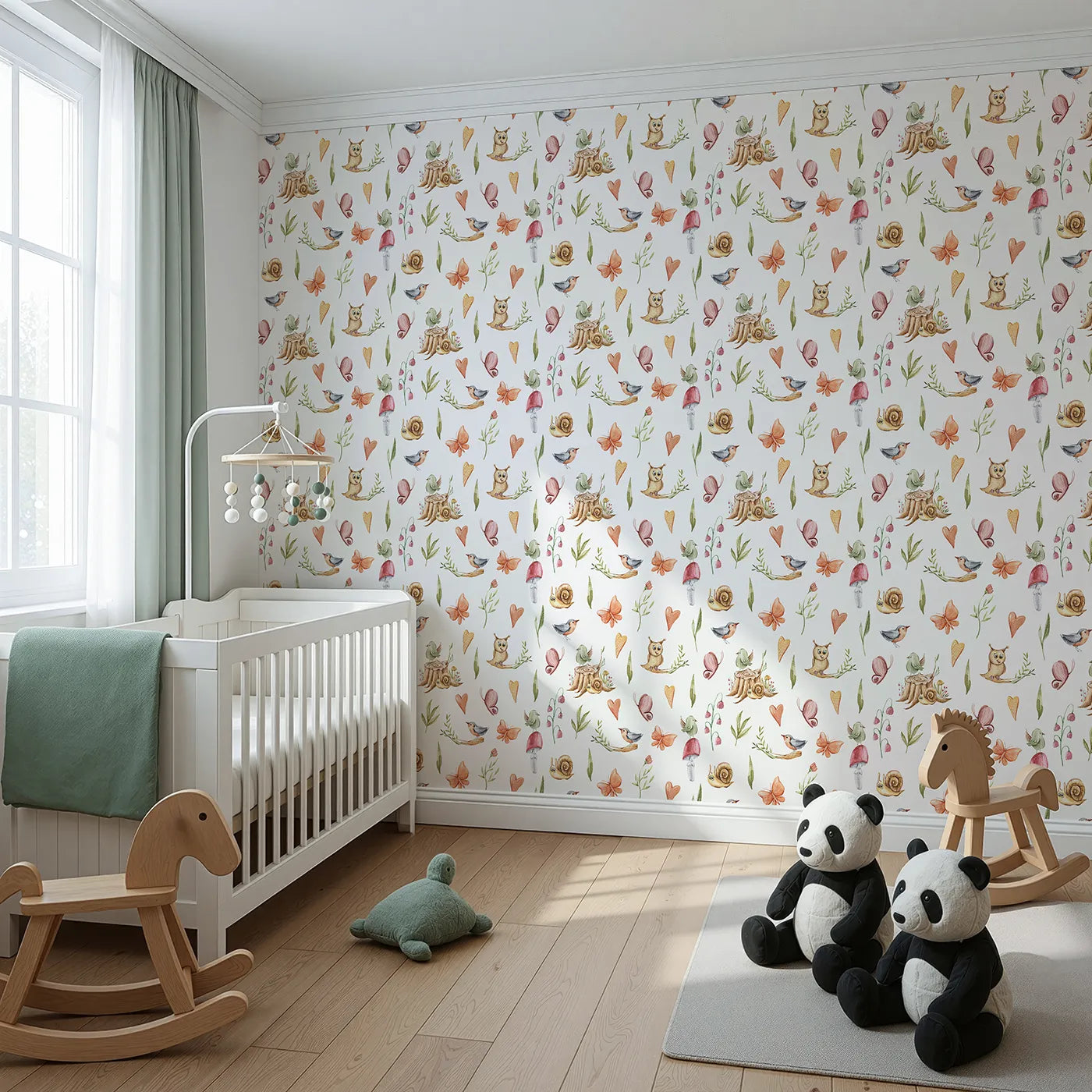 Angled view of Whimsy Tots' Woodland Playtime Parade Wallpaper in White (W3257A).Owls, birds, butterflies, and snails gather for a joyful woodland stroll.