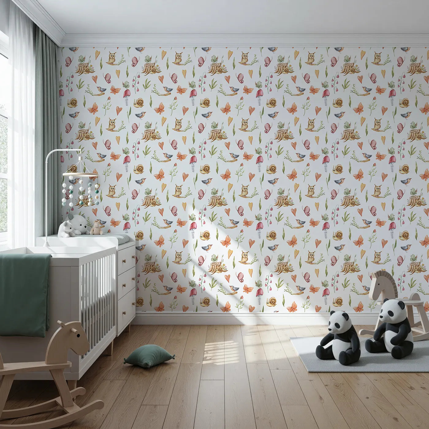 Front view of Whimsy Tots' Woodland Playtime Parade Wallpaper in White
