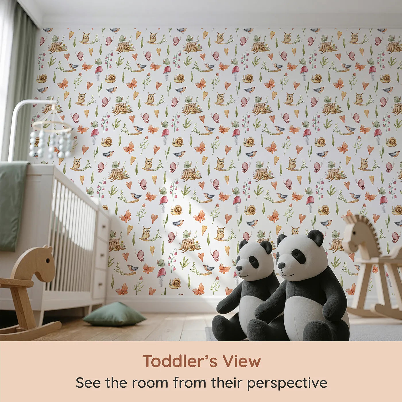 Whimsy Tots Woodland Playtime Parade Wallpaper in White (W3257A) from your child's view.Owls, birds, butterflies, and snails gather for a joyful woodland stroll.