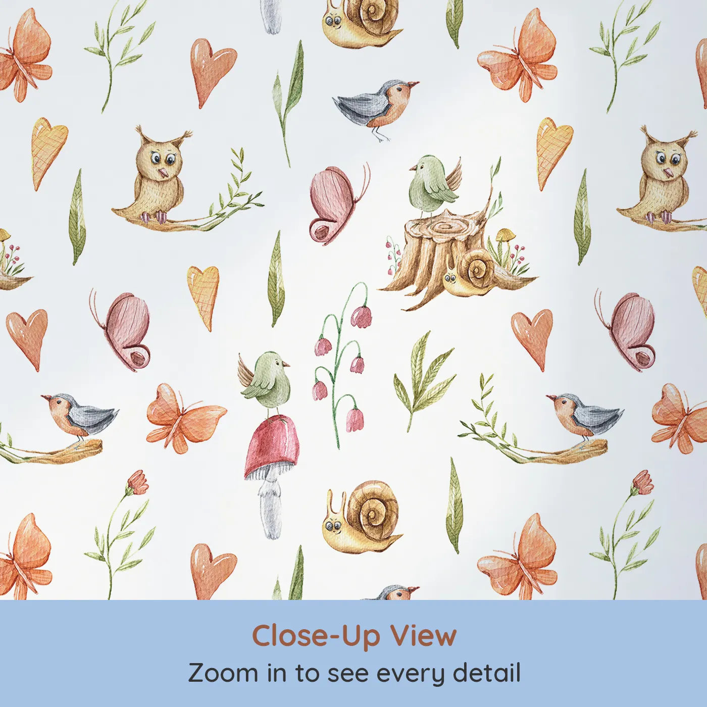 Close-up view of Whimsy Tots' Woodland Playtime Parade Wallpaper in White (W3257A).Owls, birds, butterflies, and snails gather for a joyful woodland stroll.