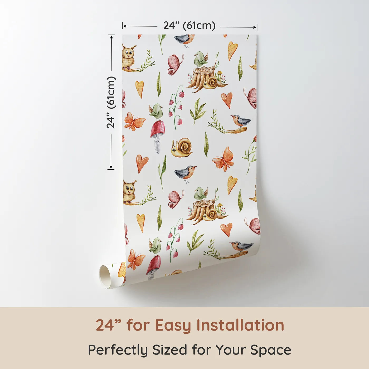 Dimension view of Whimsy Tots Woodland Playtime Parade Wallpaper in White (W3257A). Printed in 24-inch-wide panel for easy installation. Owls, birds, butterflies, and snails gather for a joyful woodland stroll.