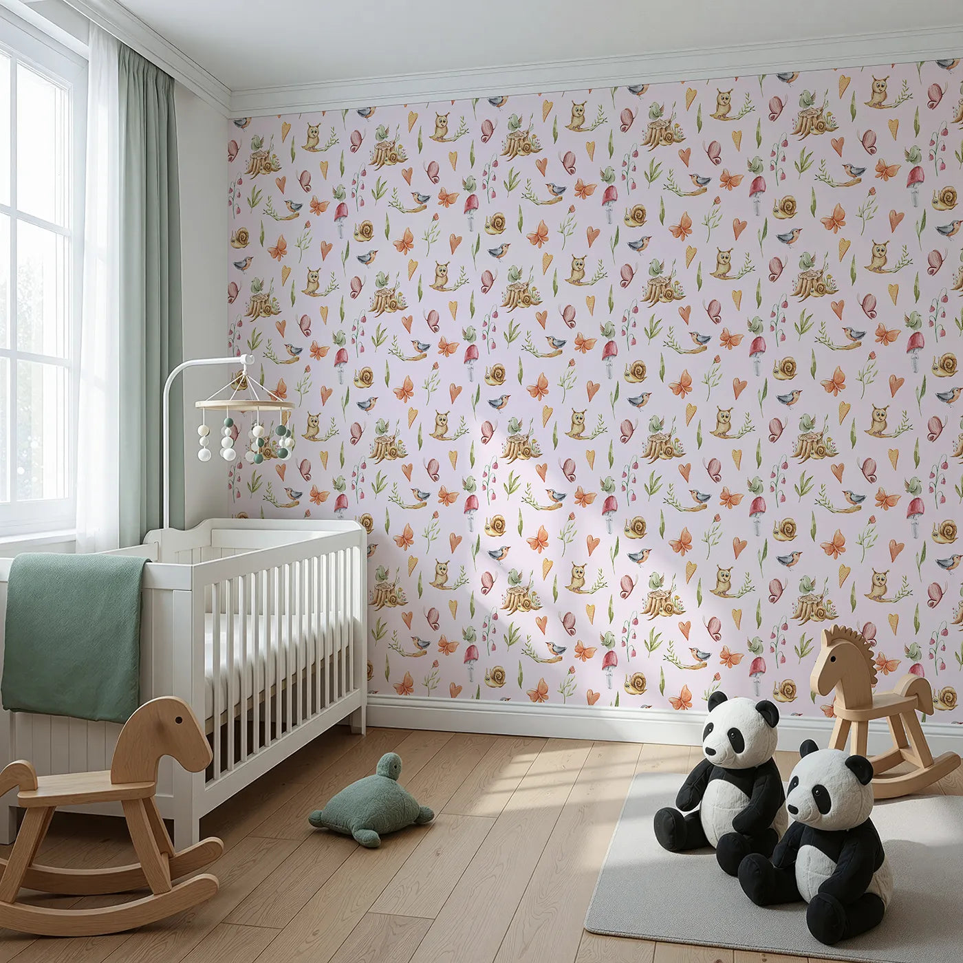 Angled view of Whimsy Tots' Woodland Playtime Parade Wallpaper in Blush Pink (W3257B).Owls, birds, butterflies, and snails gather for a joyful woodland stroll.