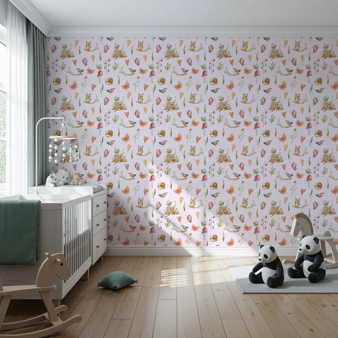 Front view of Whimsy Tots' Woodland Playtime Parade Wallpaper in Blush Pink
