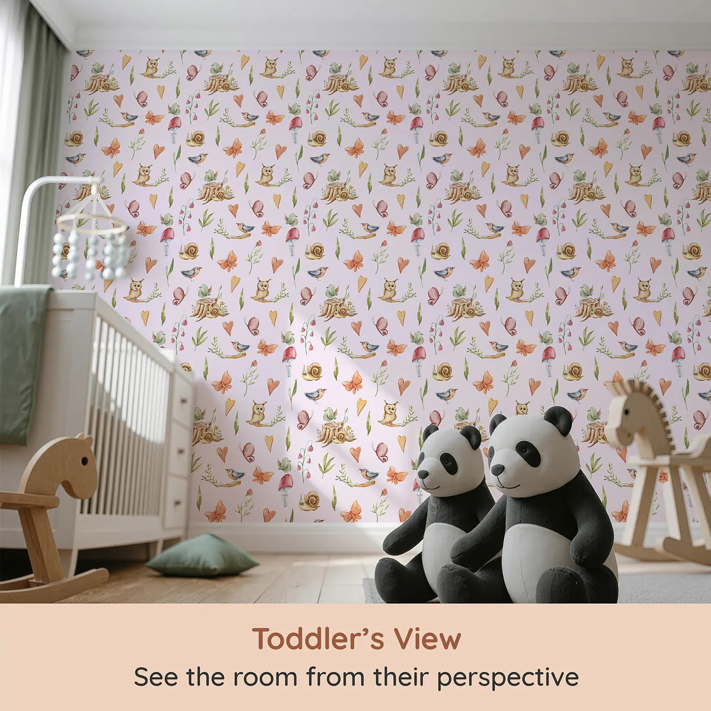 Whimsy Tots Woodland Playtime Parade Wallpaper in Blush Pink (W3257B) from your child's view.Owls, birds, butterflies, and snails gather for a joyful woodland stroll.