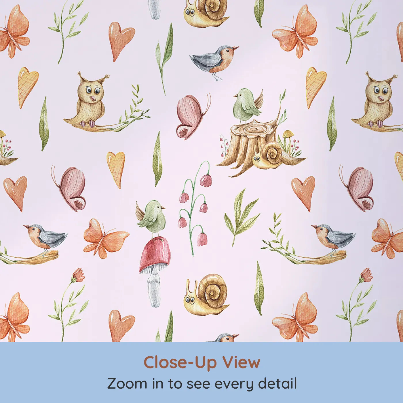 Close-up view of Whimsy Tots' Woodland Playtime Parade Wallpaper in Blush Pink (W3257B).Owls, birds, butterflies, and snails gather for a joyful woodland stroll.