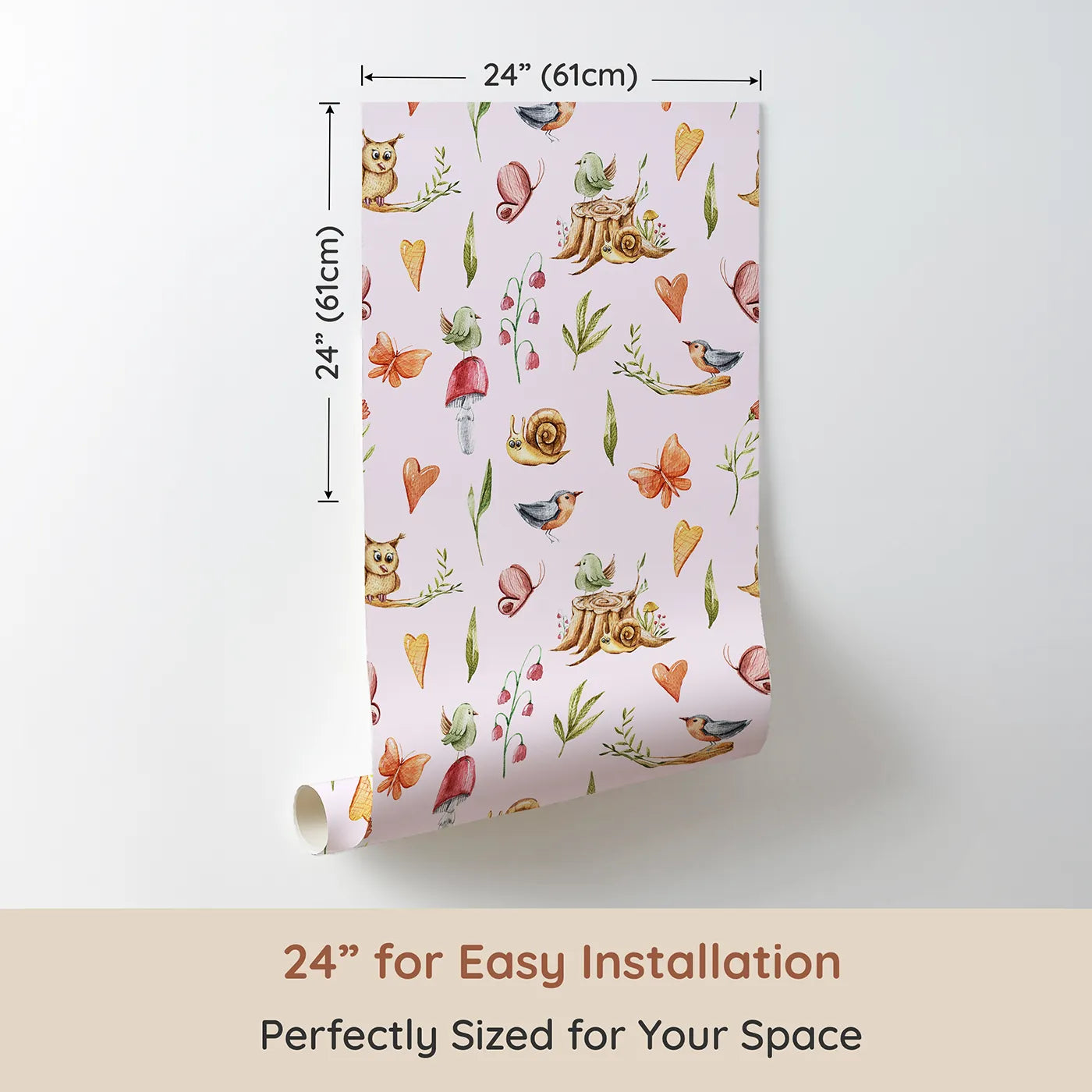 Dimension view of Whimsy Tots Woodland Playtime Parade Wallpaper in Blush Pink (W3257B). Printed in 24-inch-wide panel for easy installation. Owls, birds, butterflies, and snails gather for a joyful woodland stroll.