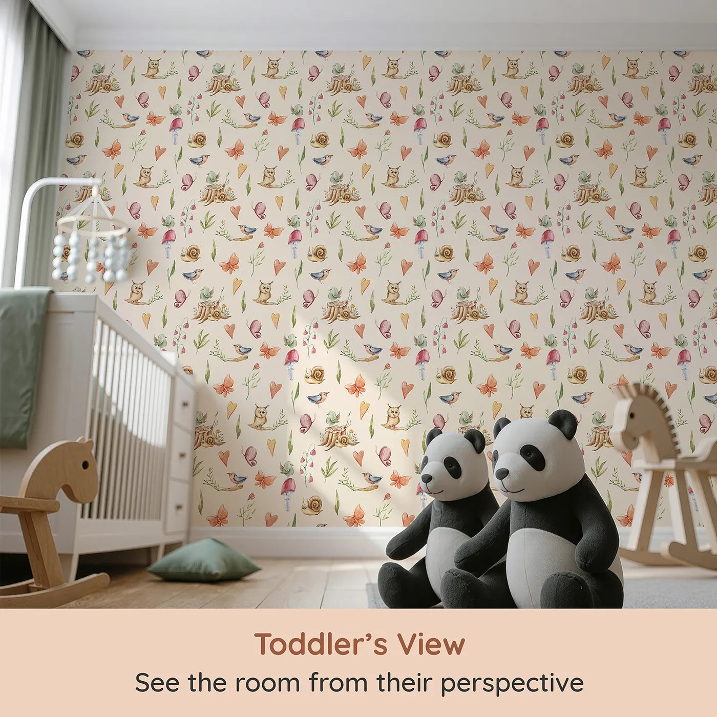 Whimsy Tots Woodland Playtime Parade Wallpaper in Cream (W3257C) from your child's view.Snails, birds, and butterflies gather for a joyful forest day.