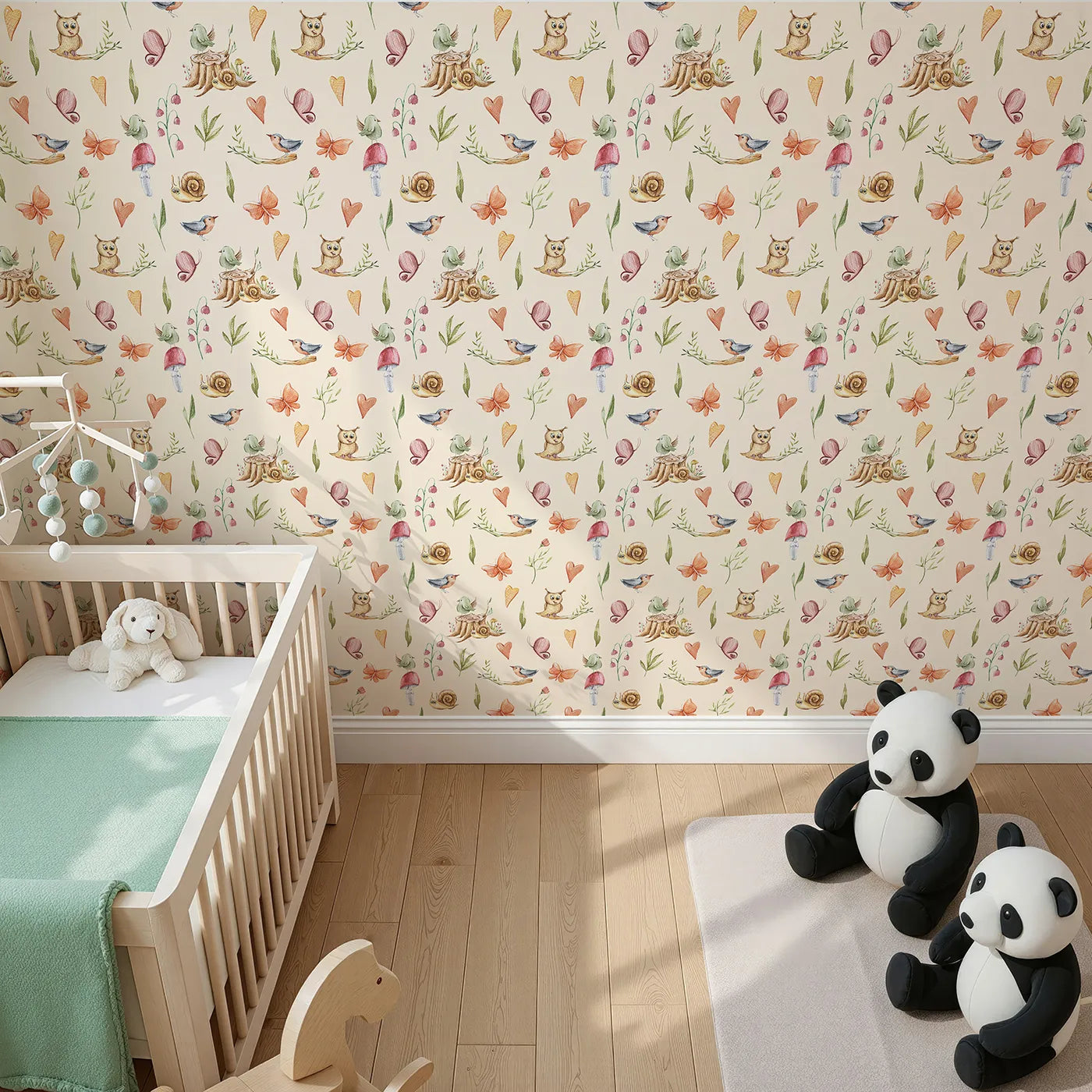 Top-Down view of Whimsy Tots' Woodland Playtime Parade Wallpaper in Cream (W3257C).Snails, birds, and butterflies gather for a joyful forest day.