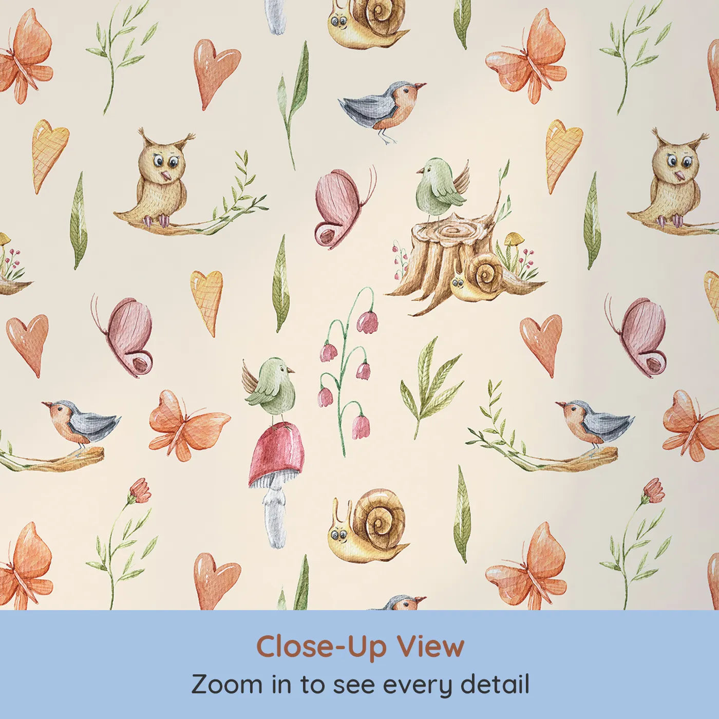 Close-up view of Whimsy Tots' Woodland Playtime Parade Wallpaper in Cream (W3257C).Snails, birds, and butterflies gather for a joyful forest day.
