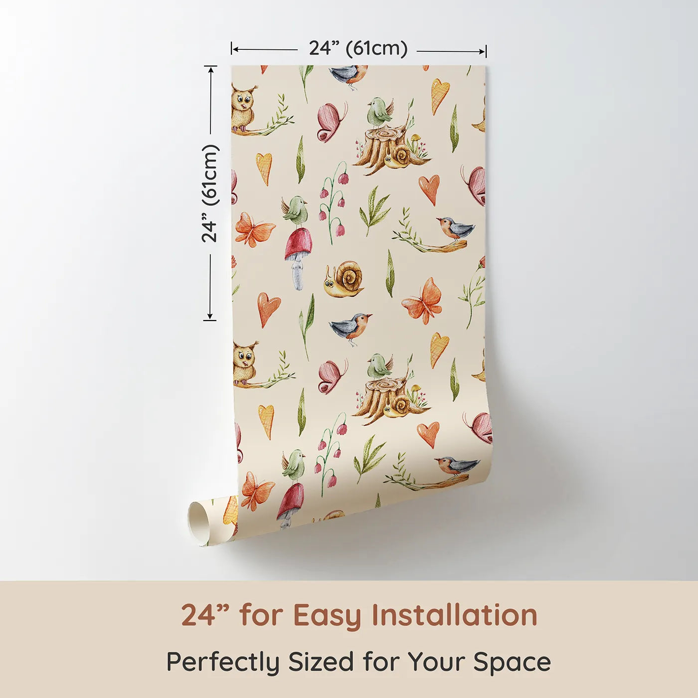 Dimension view of Whimsy Tots Woodland Playtime Parade Wallpaper in Cream (W3257C). Printed in 24-inch-wide panel for easy installation. Snails, birds, and butterflies gather for a joyful forest day.