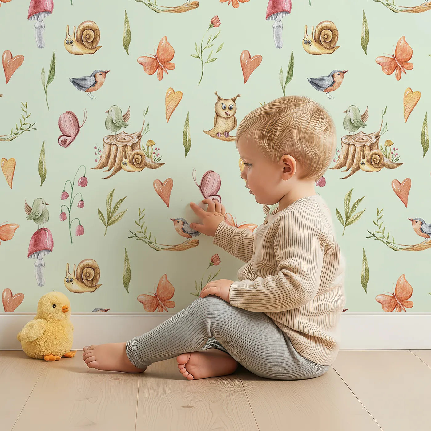 Lovely child standing in front of Whimsy Tots Woodland Playtime Parade Wallpaper in Mint Green with owl, bird, butterfly, snail, mushroom, heart, stump in design.