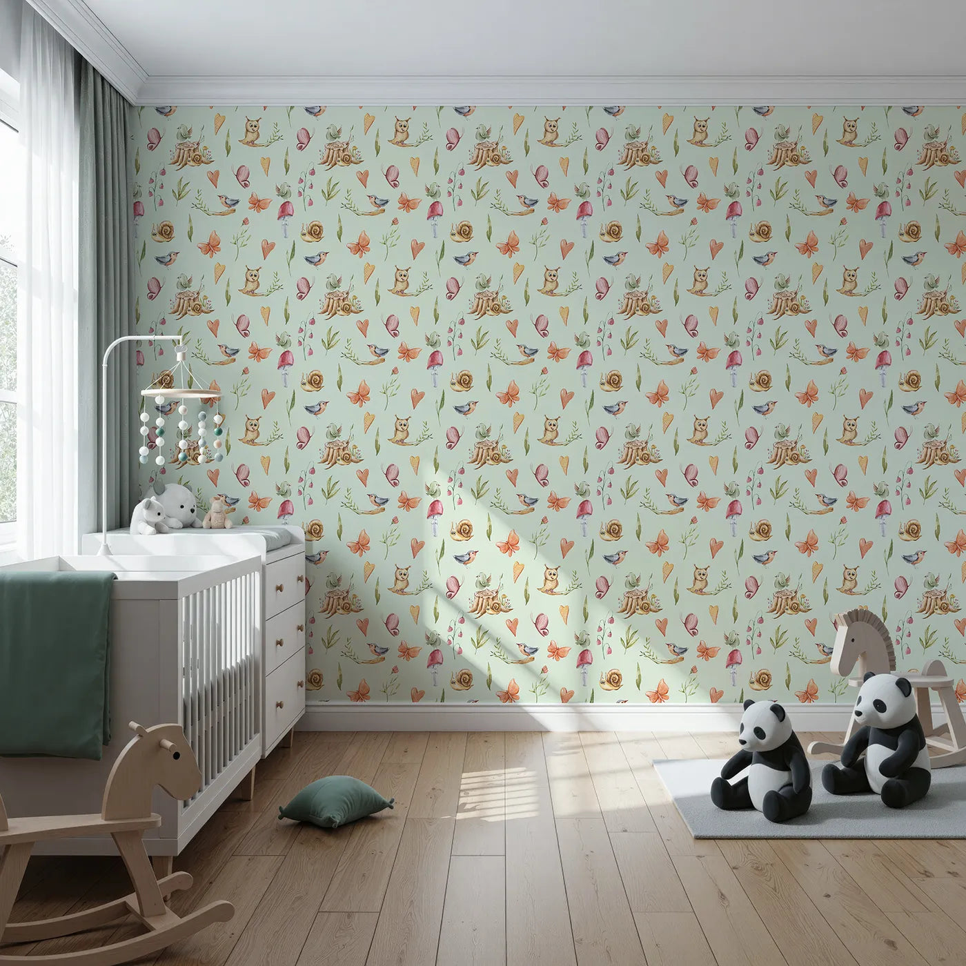 Front view of Whimsy Tots' Woodland Playtime Parade Wallpaper in Mint Green