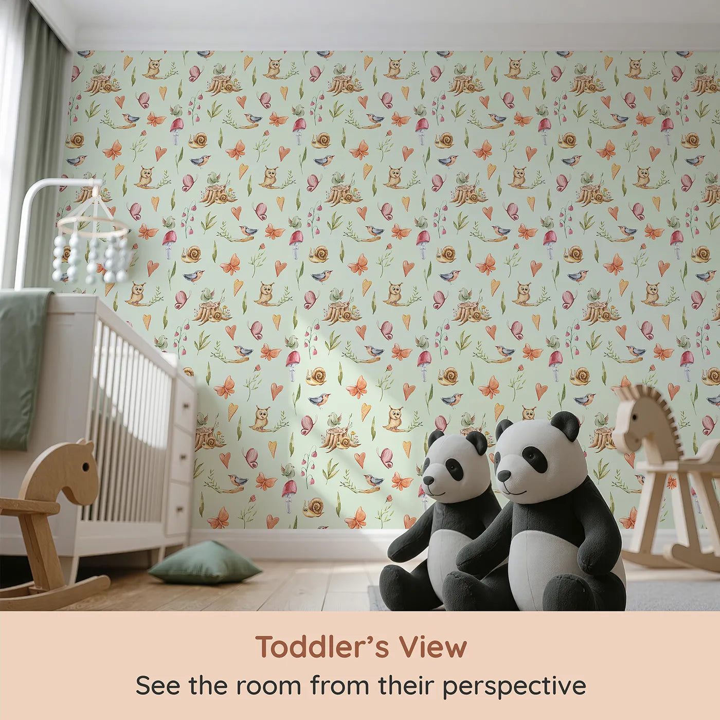 Whimsy Tots Woodland Playtime Parade Wallpaper in Mint Green (W3257D) from your child's view.A forest full of friends greets your child with wonder and whimsy.