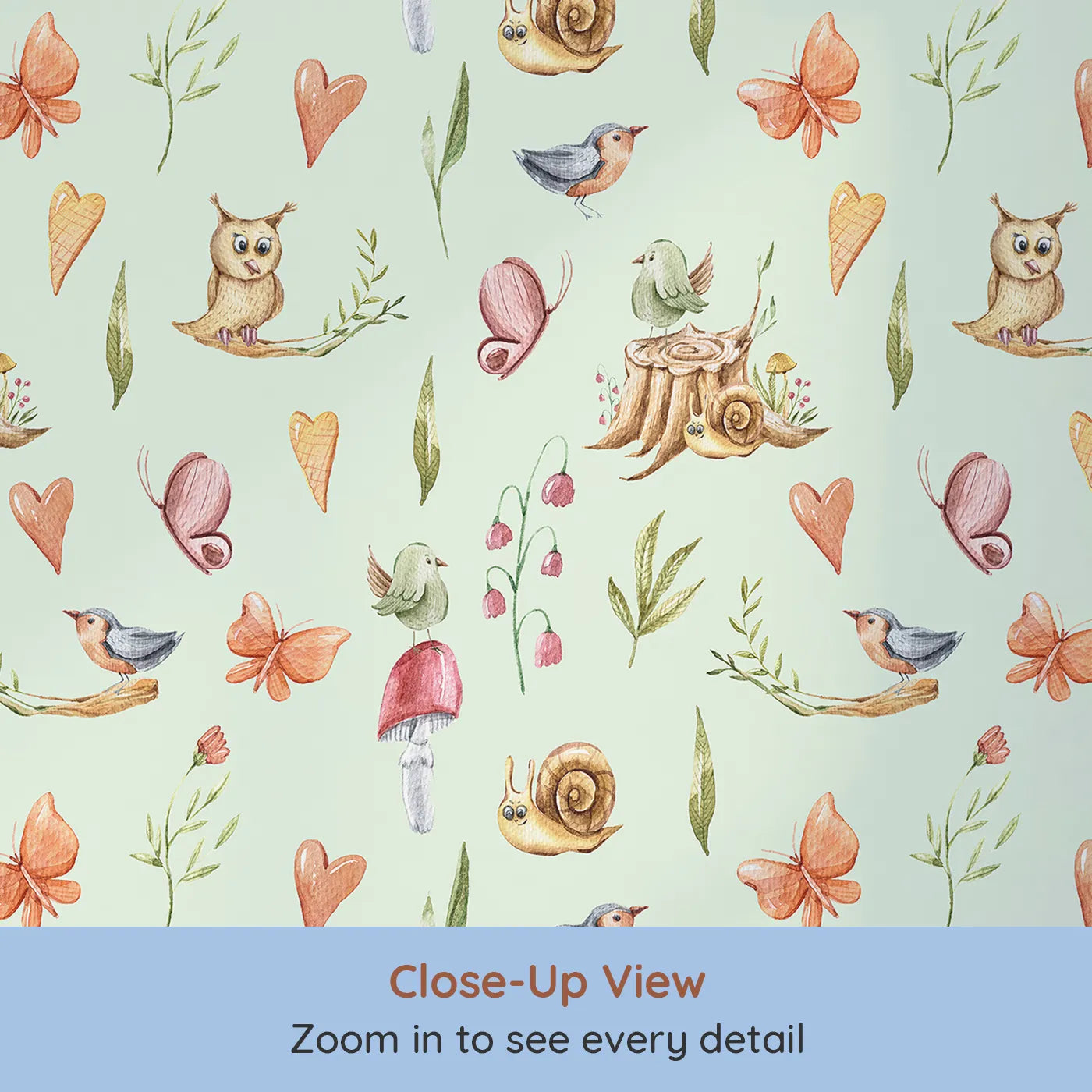 Close-up view of Whimsy Tots' Woodland Playtime Parade Wallpaper in Mint Green (W3257D).A forest full of friends greets your child with wonder and whimsy.