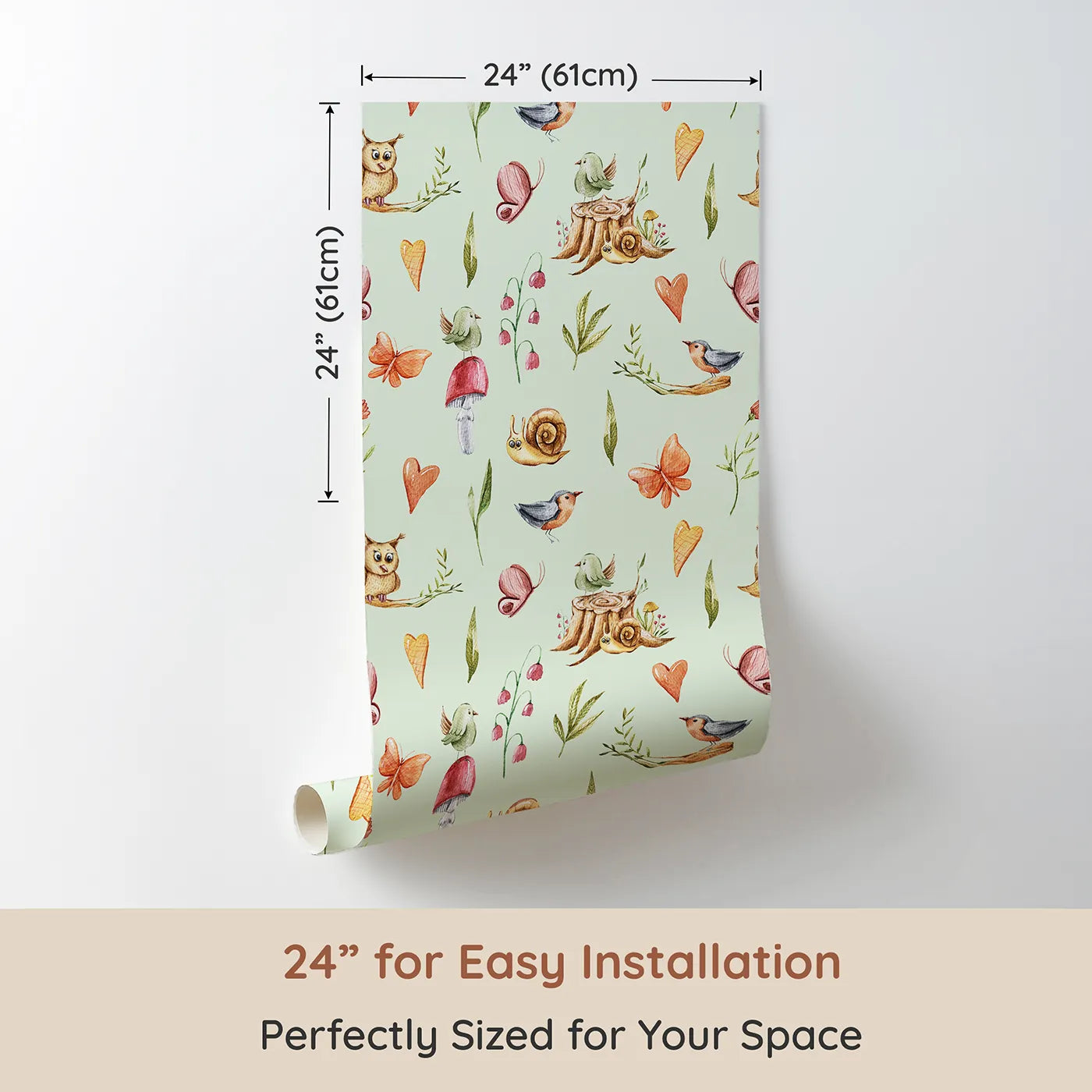 Dimension view of Whimsy Tots Woodland Playtime Parade Wallpaper in Mint Green (W3257D). Printed in 24-inch-wide panel for easy installation. A forest full of friends greets your child with wonder and whimsy.