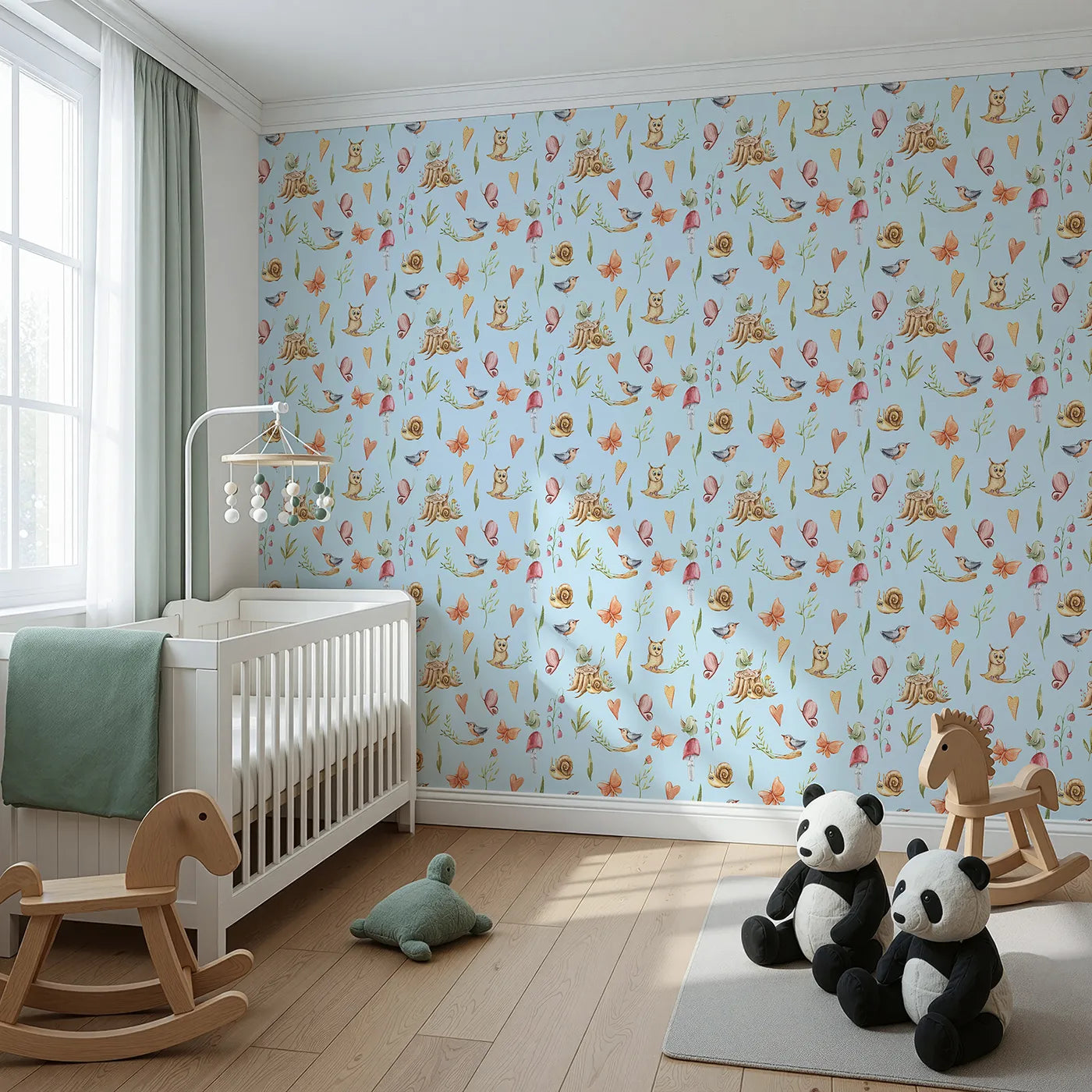Angled view of Whimsy Tots' Woodland Playtime Parade Wallpaper in Sky (W3257E).Cheerful animals flutter and scurry through a soft sky of imagination.