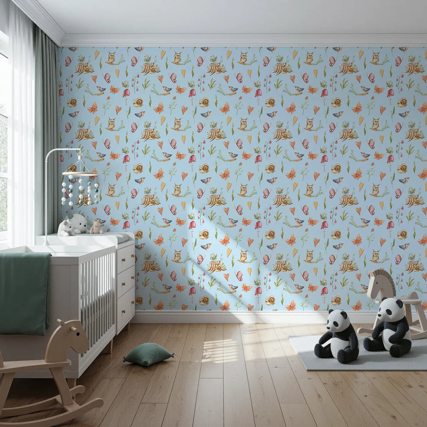 Front view of Whimsy Tots' Woodland Playtime Parade Wallpaper in Sky