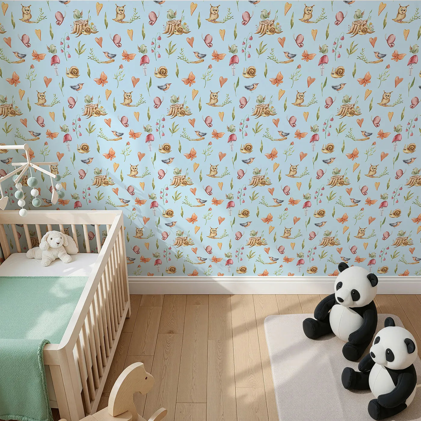 Top-Down view of Whimsy Tots' Woodland Playtime Parade Wallpaper in Sky (W3257E).Cheerful animals flutter and scurry through a soft sky of imagination.