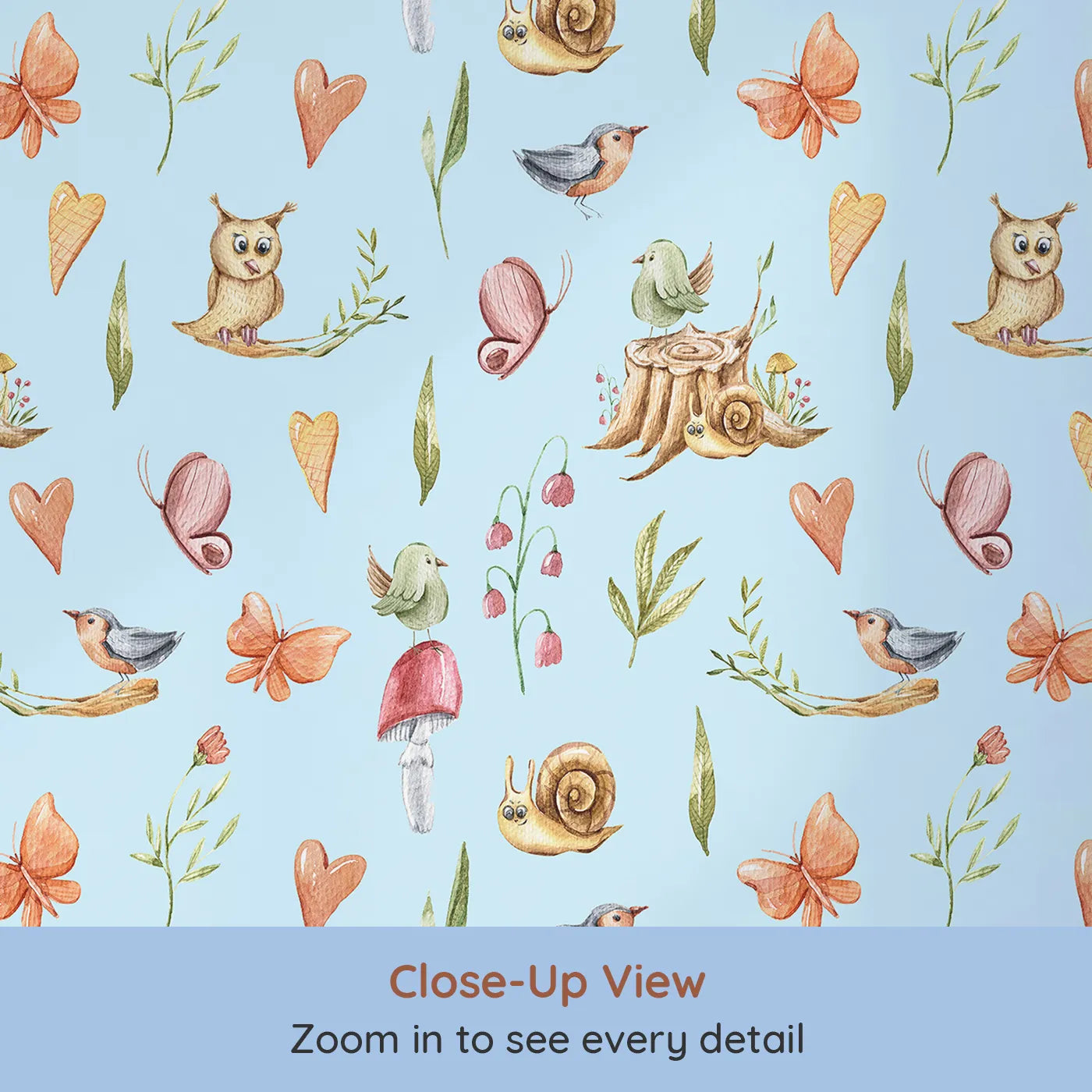 Close-up view of Whimsy Tots' Woodland Playtime Parade Wallpaper in Sky (W3257E).Cheerful animals flutter and scurry through a soft sky of imagination.