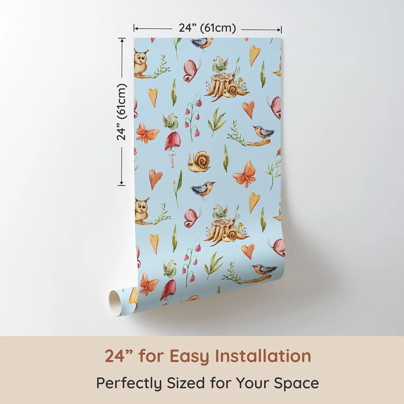 Dimension view of Whimsy Tots Woodland Playtime Parade Wallpaper in Sky (W3257E). Printed in 24-inch-wide panel for easy installation. Cheerful animals flutter and scurry through a soft sky of imagination.