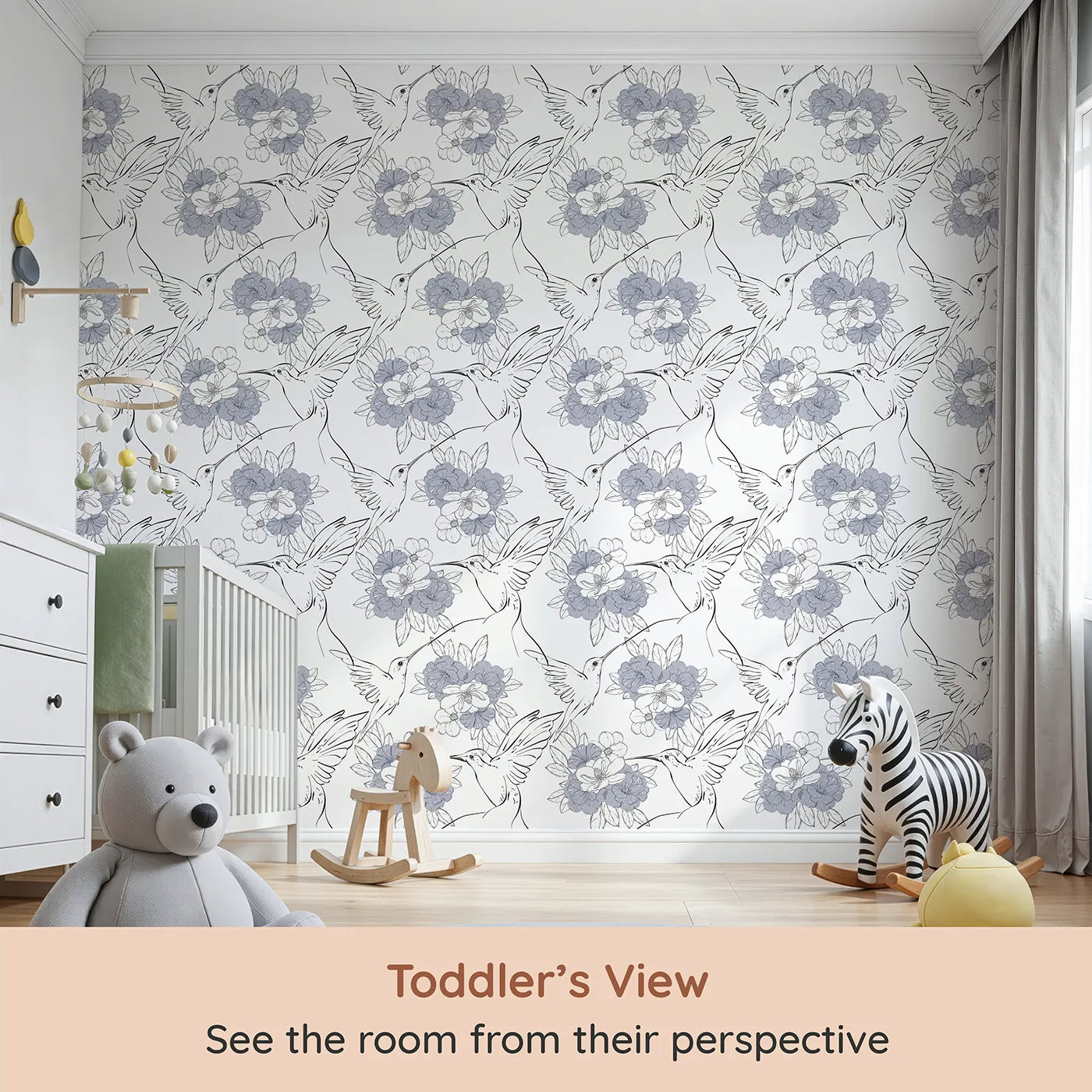 Whimsy Tots Hummingbird Garden Sketch Wallpaper in Ink Bloom (W3258) from your child's view.Delicate hummingbirds and floral blooms flow in inky elegance.