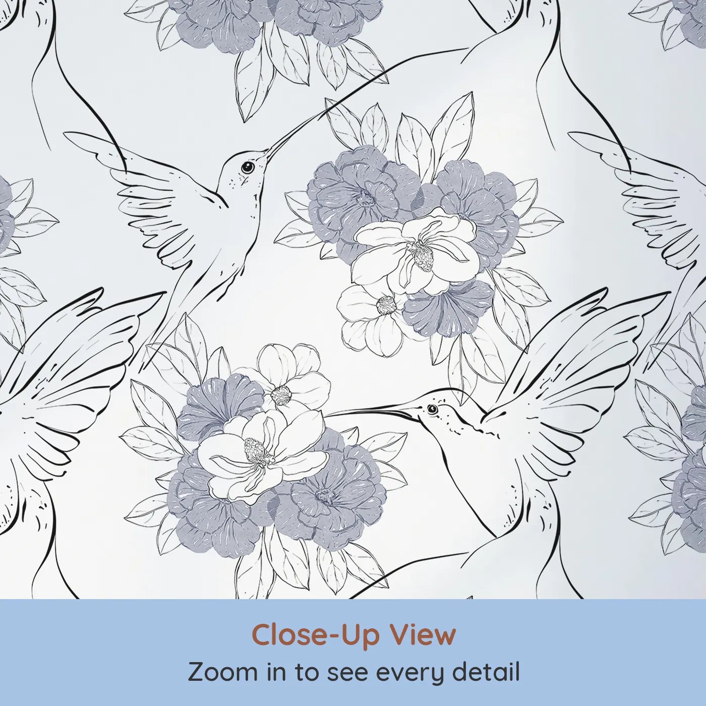 Close-up view of Whimsy Tots' Hummingbird Garden Sketch Wallpaper in Ink Bloom (W3258).Delicate hummingbirds and floral blooms flow in inky elegance.