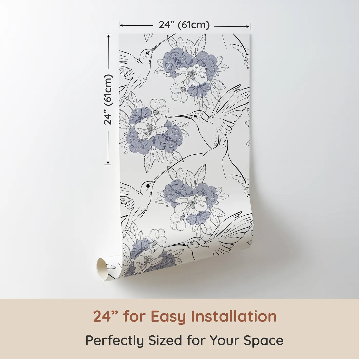 Dimension view of Whimsy Tots Hummingbird Garden Sketch Wallpaper in Ink Bloom (W3258). Printed in 24-inch-wide panel for easy installation. Delicate hummingbirds and floral blooms flow in inky elegance.