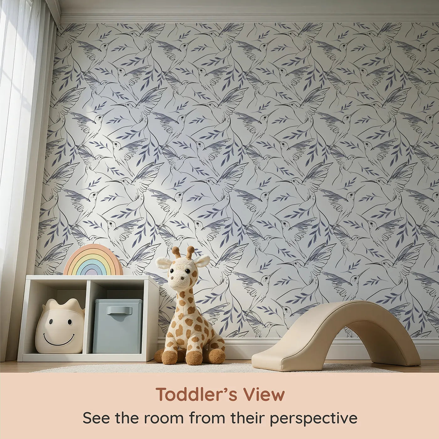 Whimsy Tots Hummingbird Line Dance Wallpaper in Ink Leaf (W3259) from your child's view.Delicate hummingbirds flutter among leafy wisps and open skies.