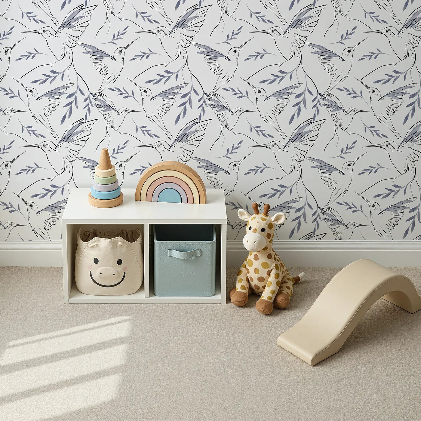 Top-Down view of Whimsy Tots' Hummingbird Line Dance Wallpaper in Ink Leaf (W3259).Delicate hummingbirds flutter among leafy wisps and open skies.