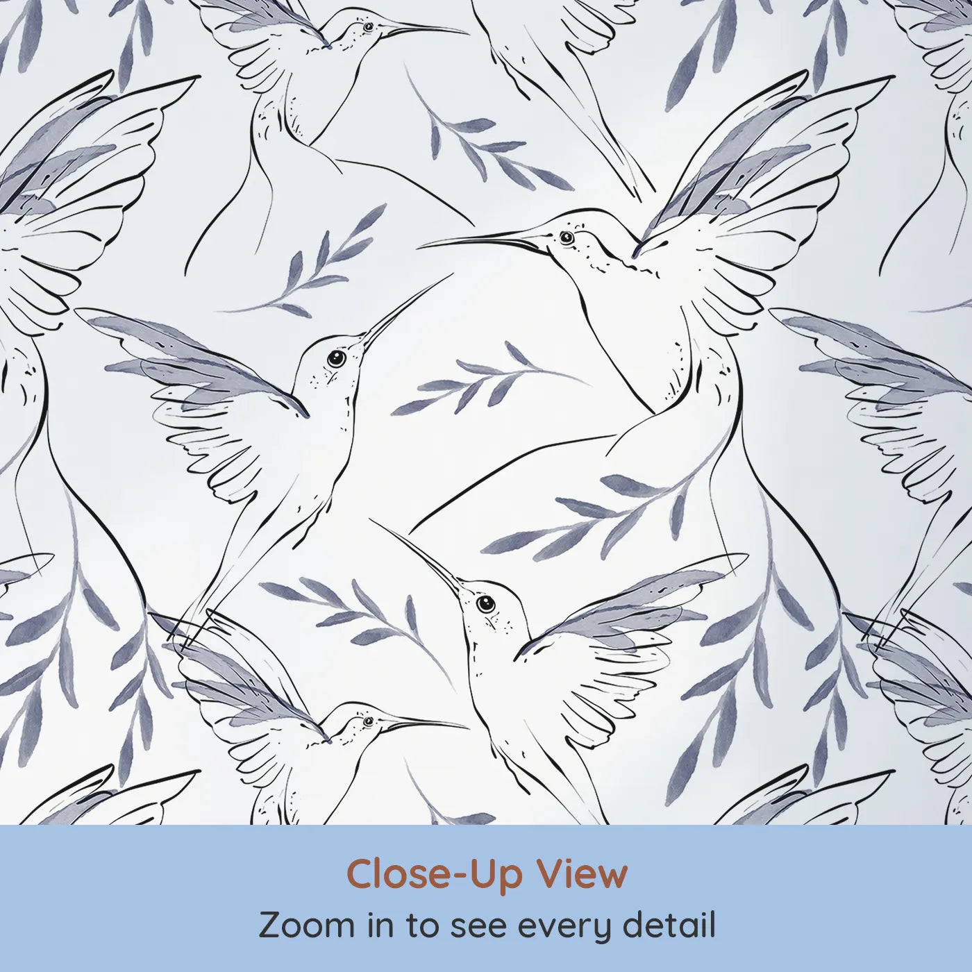 Close-up view of Whimsy Tots' Hummingbird Line Dance Wallpaper in Ink Leaf (W3259).Delicate hummingbirds flutter among leafy wisps and open skies.