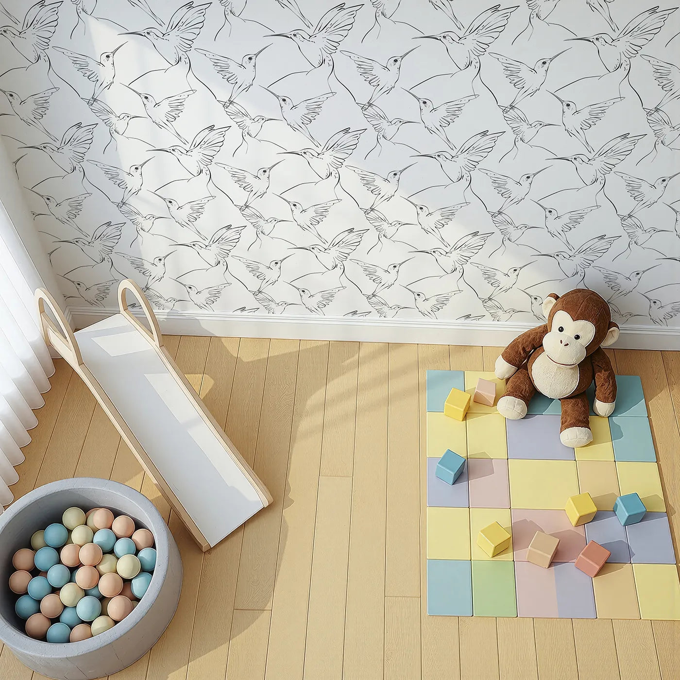 Top-Down view of Whimsy Tots' Inkline Hummingbird Wallpaper (W3260).Elegant inked hummingbirds add serene movement.