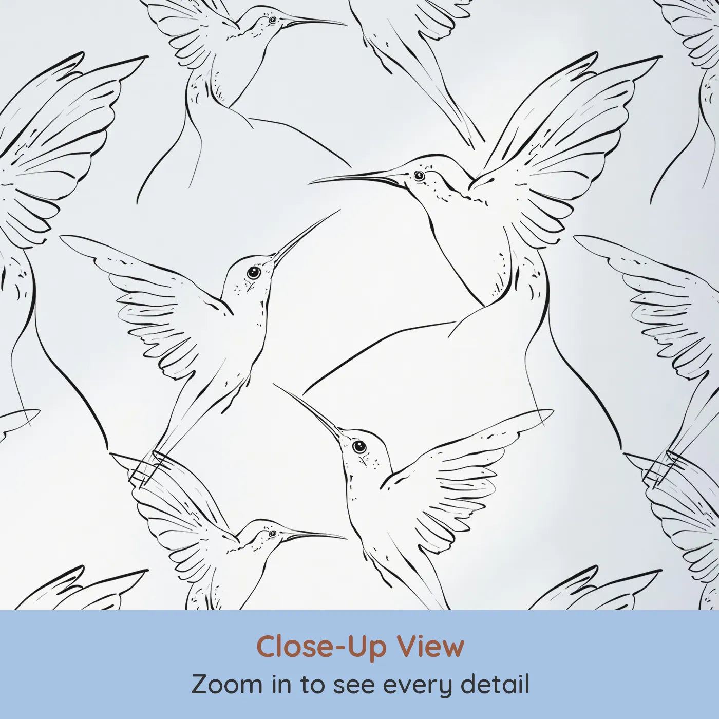 Close-up view of Whimsy Tots' Inkline Hummingbird Wallpaper (W3260).Elegant inked hummingbirds add serene movement.