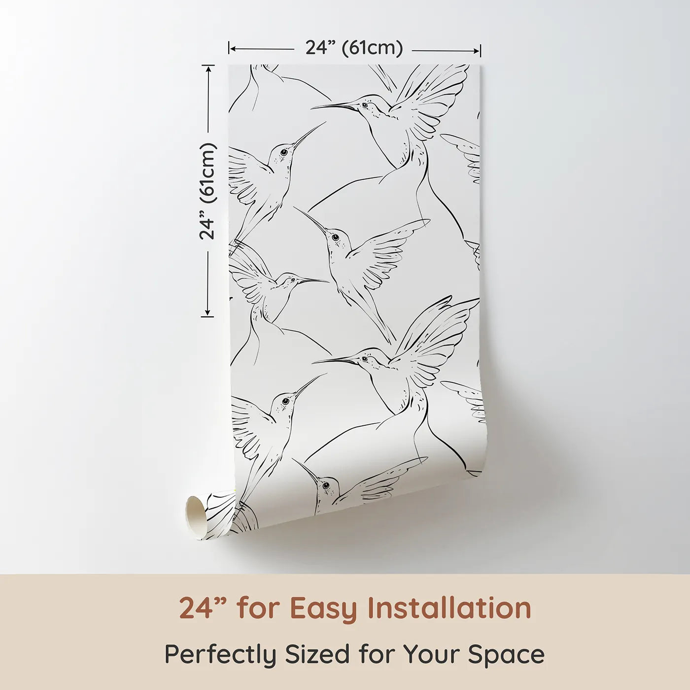 Dimension view of Whimsy Tots Inkline Hummingbird Wallpaper (W3260). Printed in 24-inch-wide panel for easy installation. Elegant inked hummingbirds add serene movement.