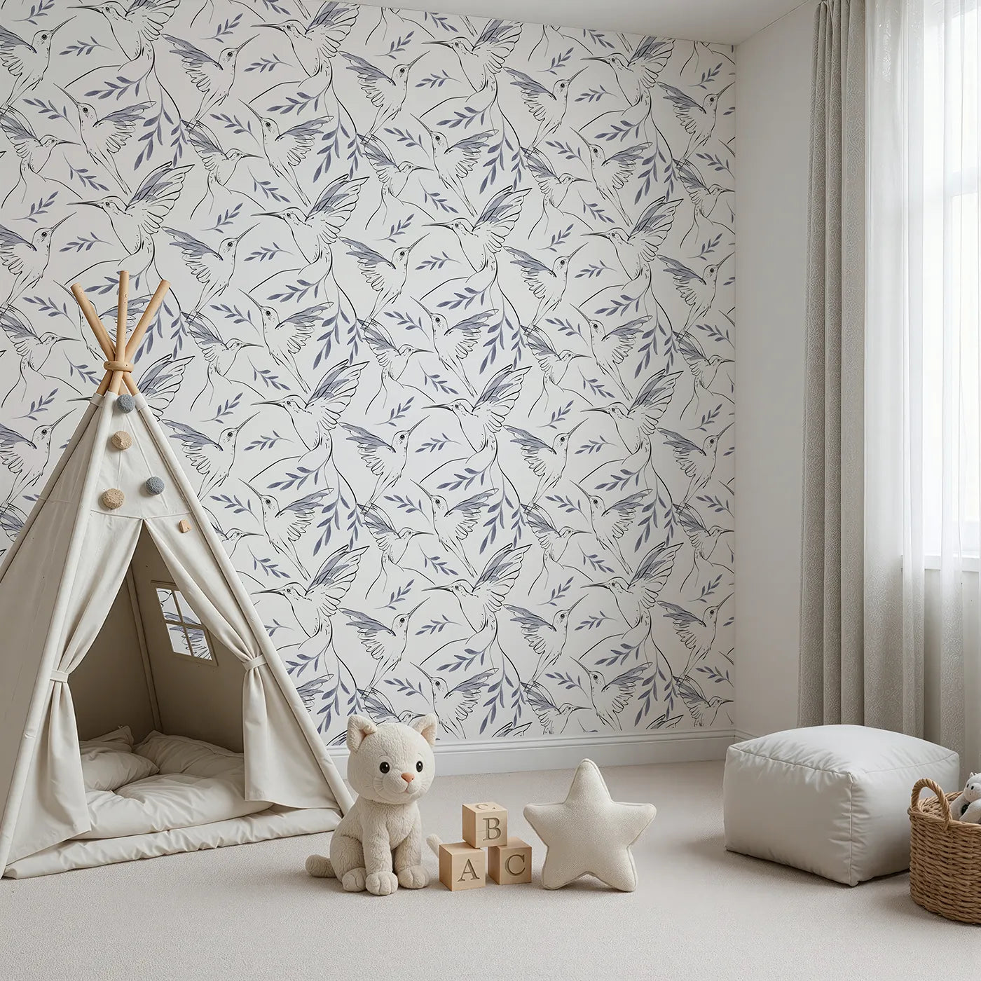 Angled view of Whimsy Tots' Indigo Leaf Hummingbird Wallpaper (W3261).Gentle hummingbirds flutter among indigo leaves.