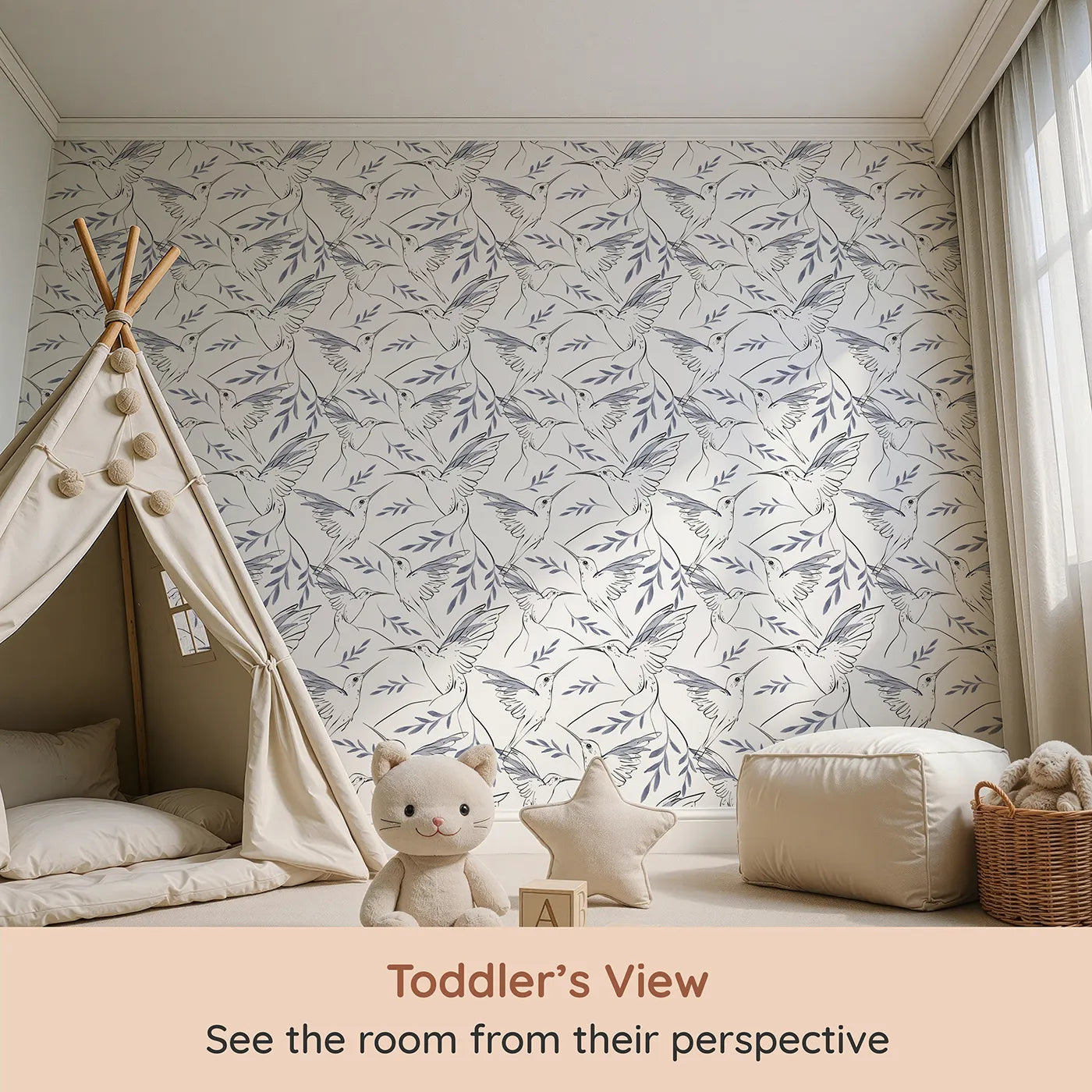 Whimsy Tots Indigo Leaf Hummingbird Wallpaper (W3261) from your child's view.Gentle hummingbirds flutter among indigo leaves.