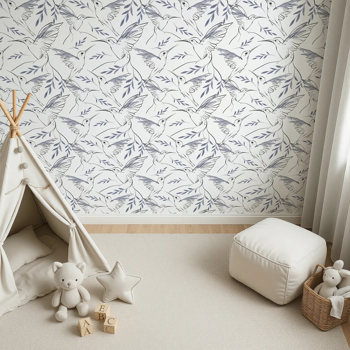 Top-Down view of Whimsy Tots' Indigo Leaf Hummingbird Wallpaper (W3261).Gentle hummingbirds flutter among indigo leaves.