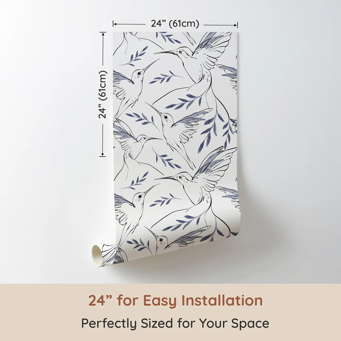 Dimension view of Whimsy Tots Indigo Leaf Hummingbird Wallpaper (W3261). Printed in 24-inch-wide panel for easy installation. Gentle hummingbirds flutter among indigo leaves.