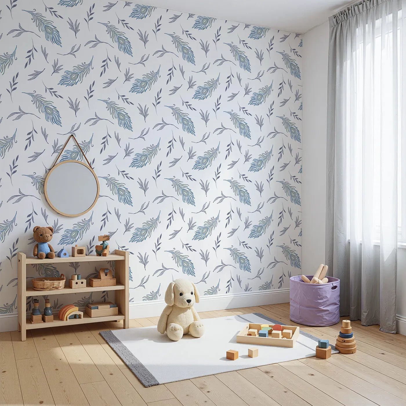 Angled view of Whimsy Tots' Feather and Foliage Dance Wallpaper in Mist Blue (W3262).Peacock feathers and gentle leaves twirl like natureβs lullaby.