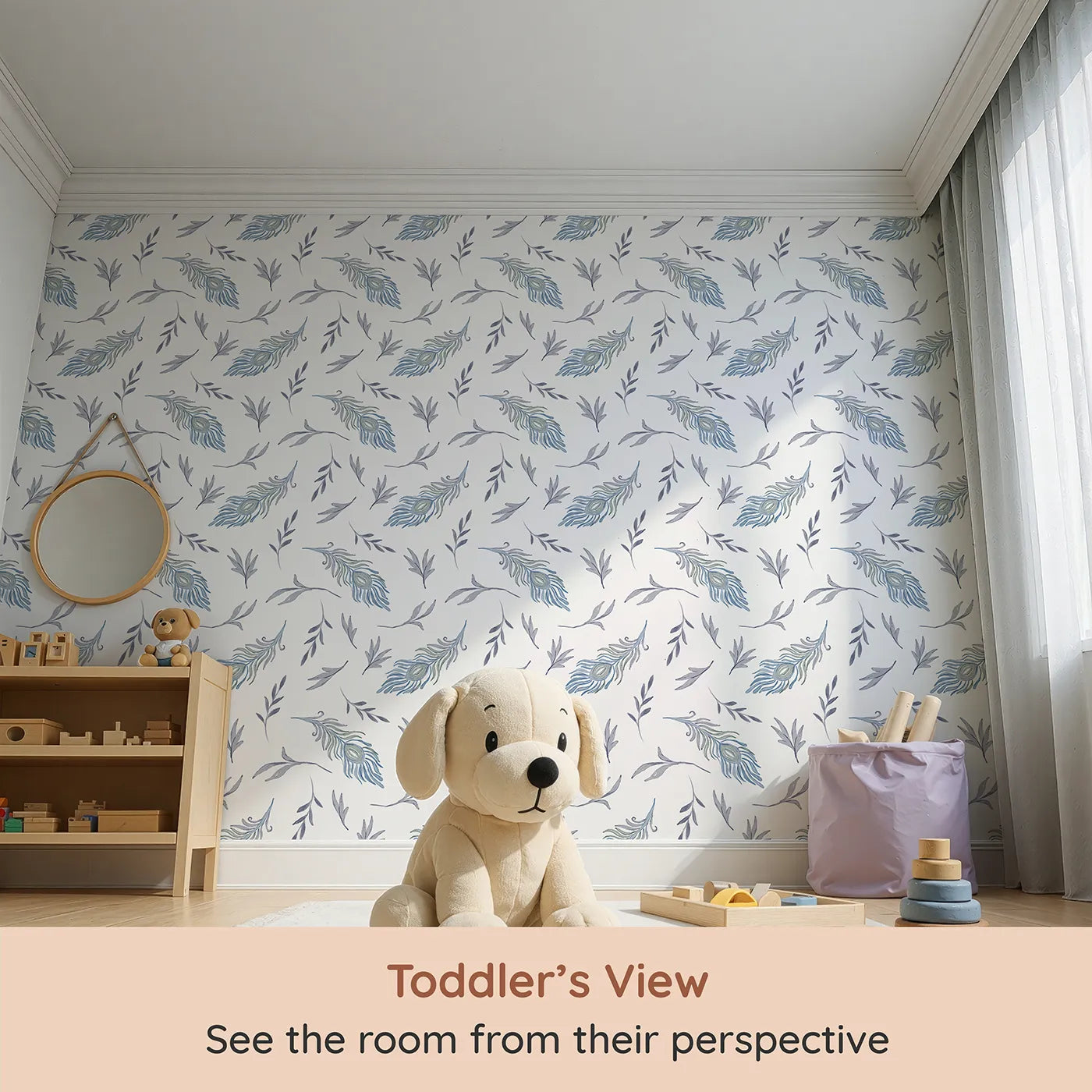 Whimsy Tots Feather and Foliage Dance Wallpaper in Mist Blue (W3262) from your child's view.Peacock feathers and gentle leaves twirl like natureβs lullaby.