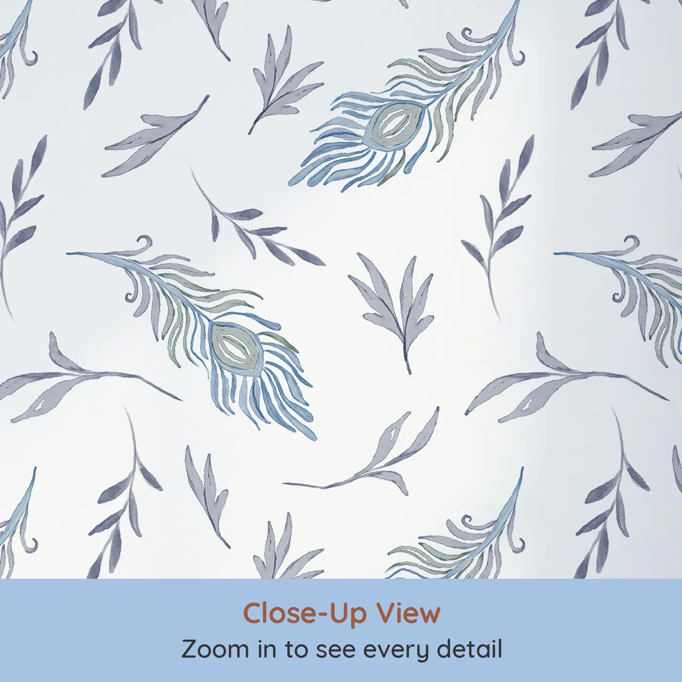 Close-up view of Whimsy Tots' Feather and Foliage Dance Wallpaper in Mist Blue (W3262).Peacock feathers and gentle leaves twirl like natureβs lullaby.