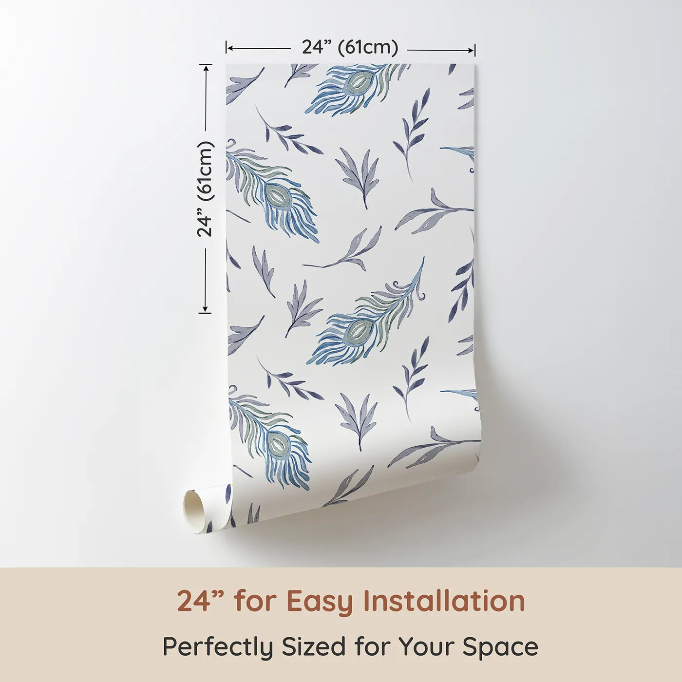 Dimension view of Whimsy Tots Feather and Foliage Dance Wallpaper in Mist Blue (W3262). Printed in 24-inch-wide panel for easy installation. Peacock feathers and gentle leaves twirl like natureβs lullaby.