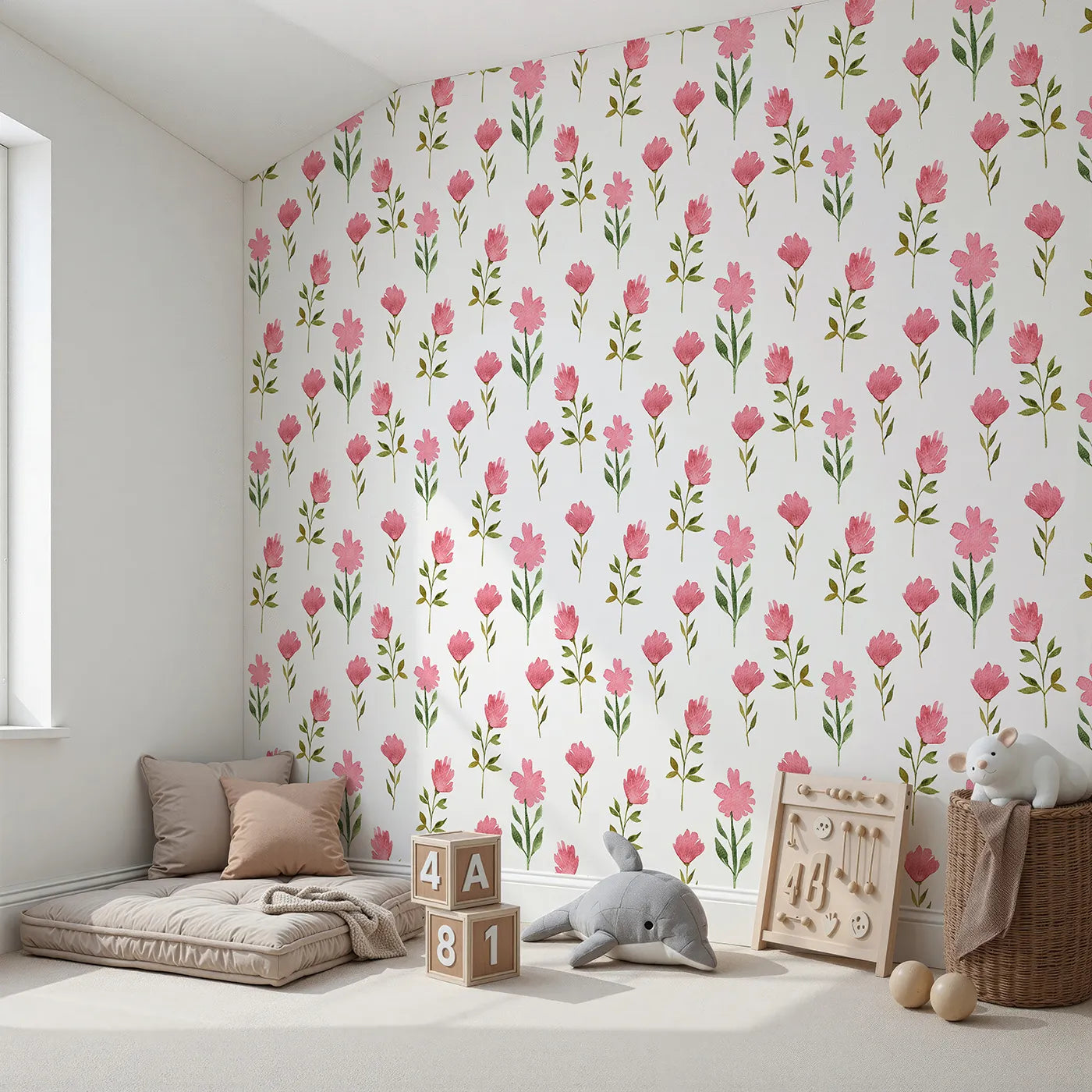 Angled view of Whimsy Tots' Pink Meadow Blossoms Wallpaper in White (W3263A).Bright pink blooms dance gently on a fresh meadow breeze.