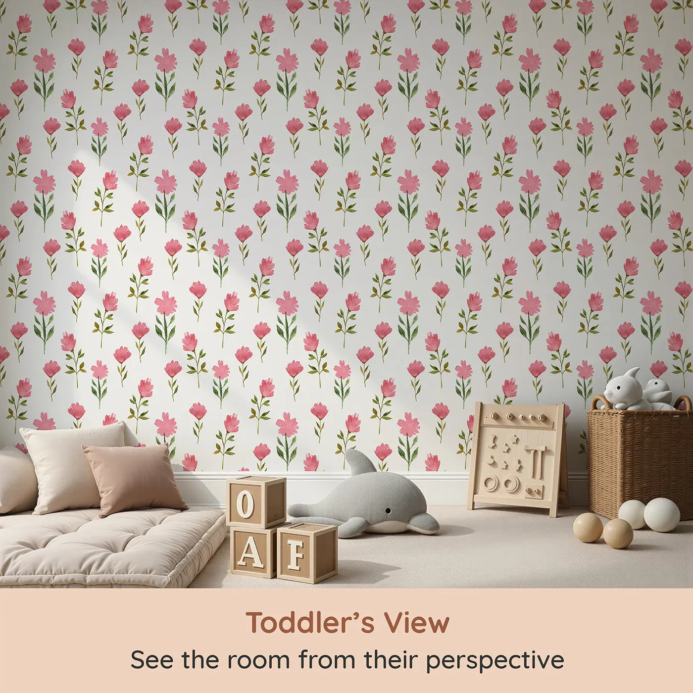 Whimsy Tots Pink Meadow Blossoms Wallpaper in White (W3263A) from your child's view.Bright pink blooms dance gently on a fresh meadow breeze.