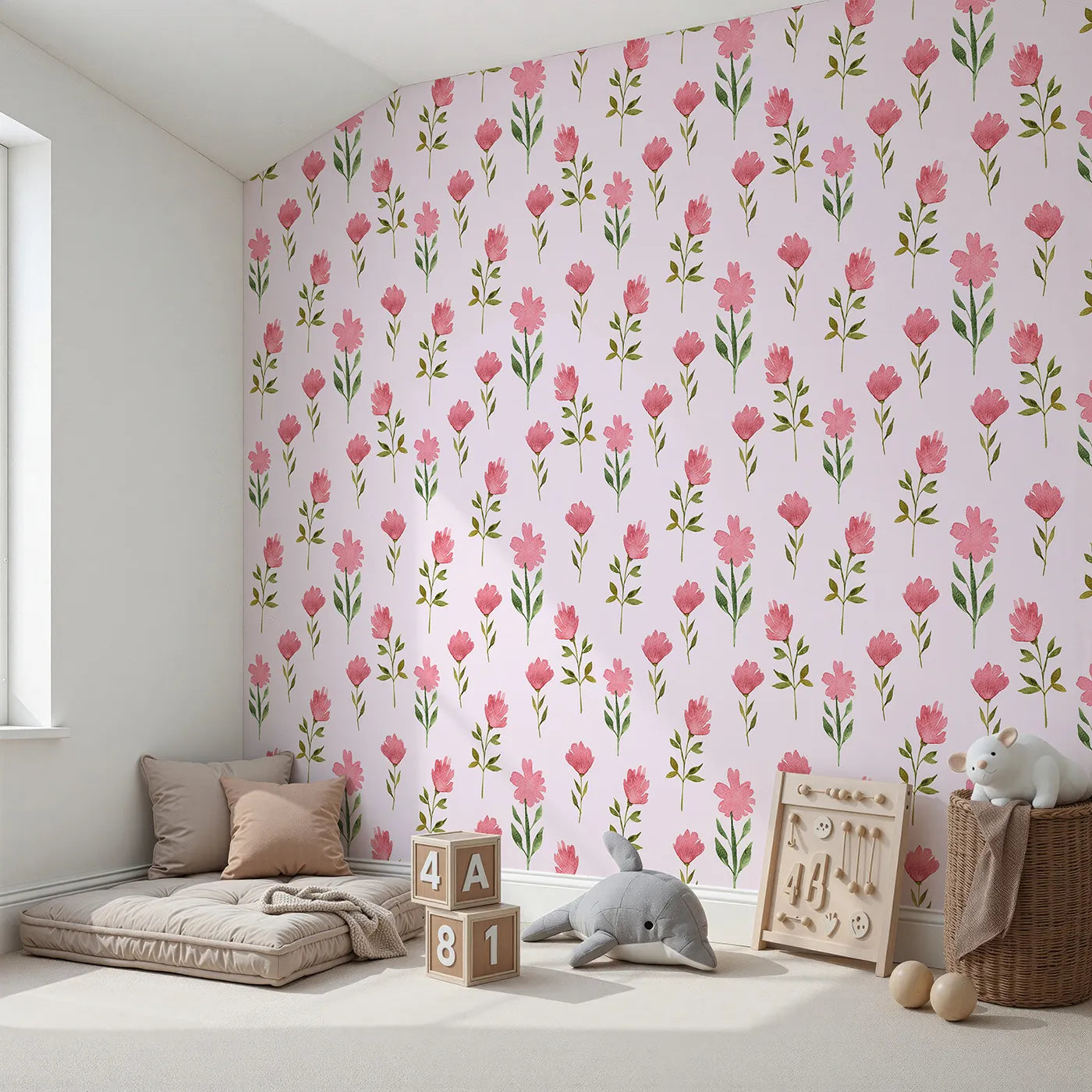 Angled view of Whimsy Tots' Pink Meadow Blossoms Wallpaper in Blush (W3263B).Rosy blooms pop gently against a soft pink sky.