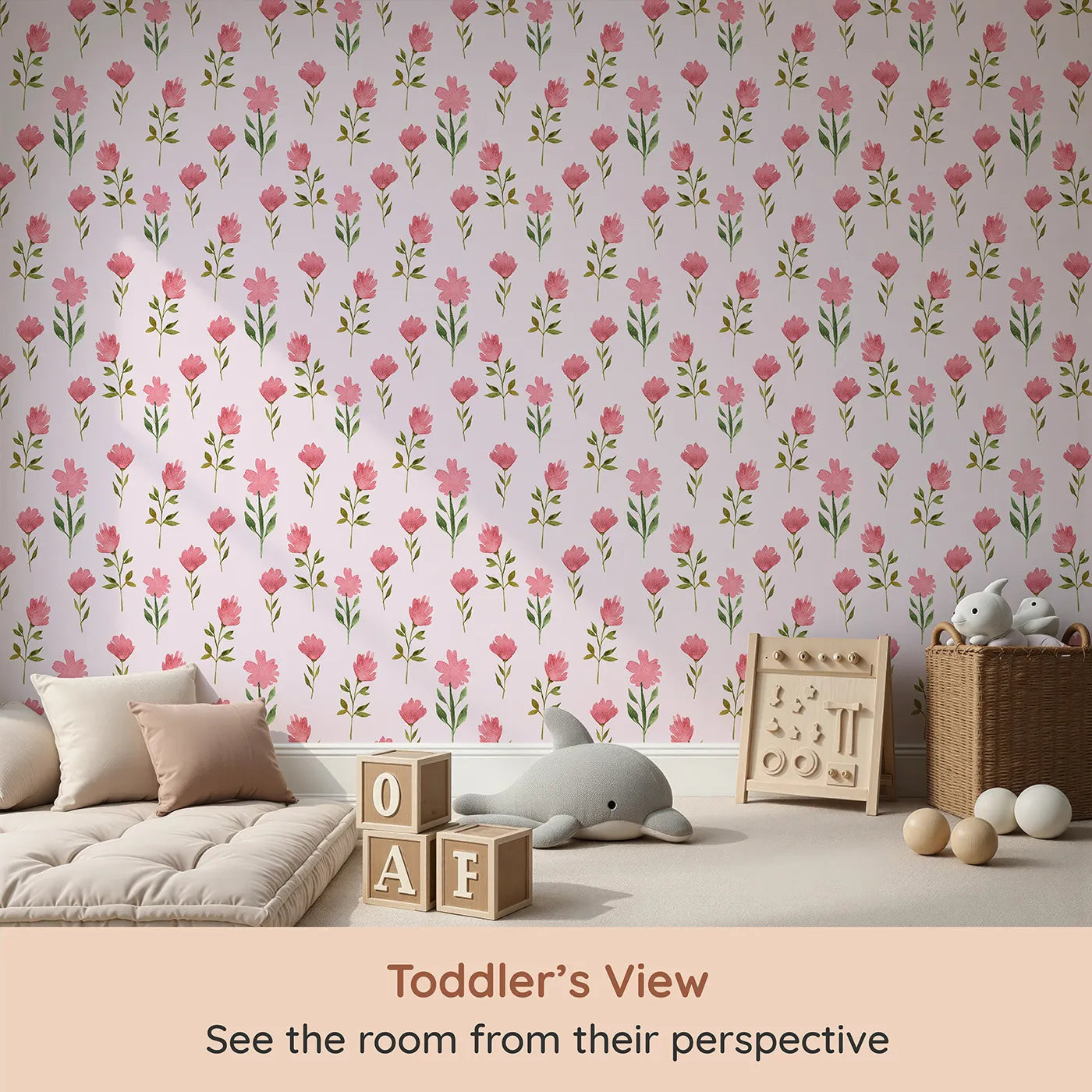 Whimsy Tots Pink Meadow Blossoms Wallpaper in Blush (W3263B) from your child's view.Rosy blooms pop gently against a soft pink sky.